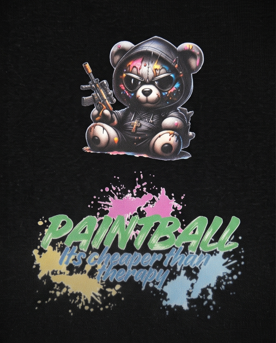 “Paintball Therapy Bear – Vibrant Graphic Hoodie”