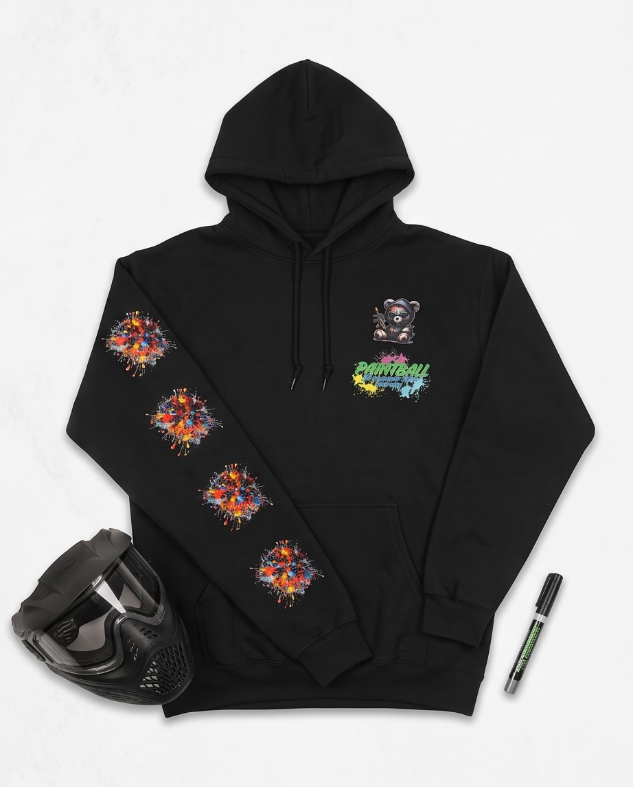 “Paintball Therapy Bear – Vibrant Graphic Hoodie”