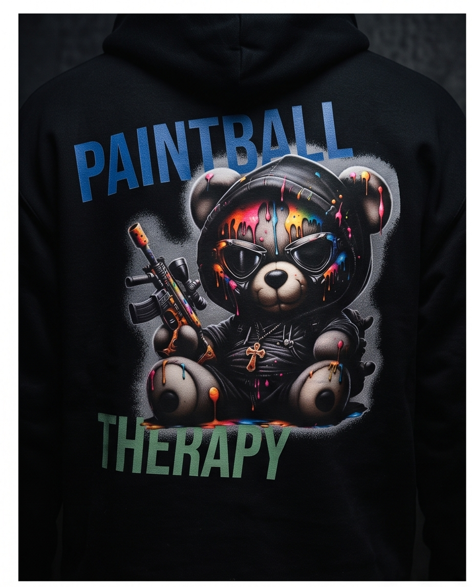“Paintball Therapy Bear – Vibrant Graphic Hoodie”