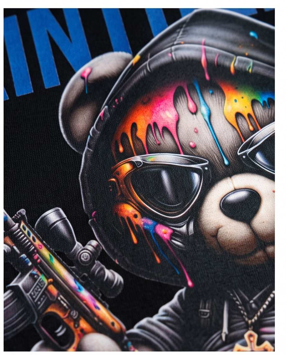 “Paintball Therapy Bear – Vibrant Graphic Hoodie”