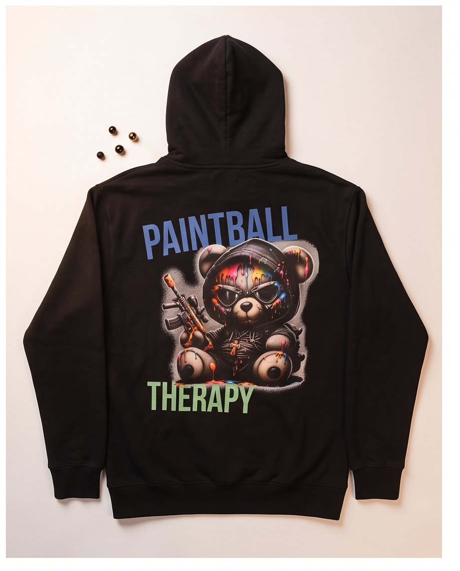 “Paintball Therapy Bear – Vibrant Graphic Hoodie”