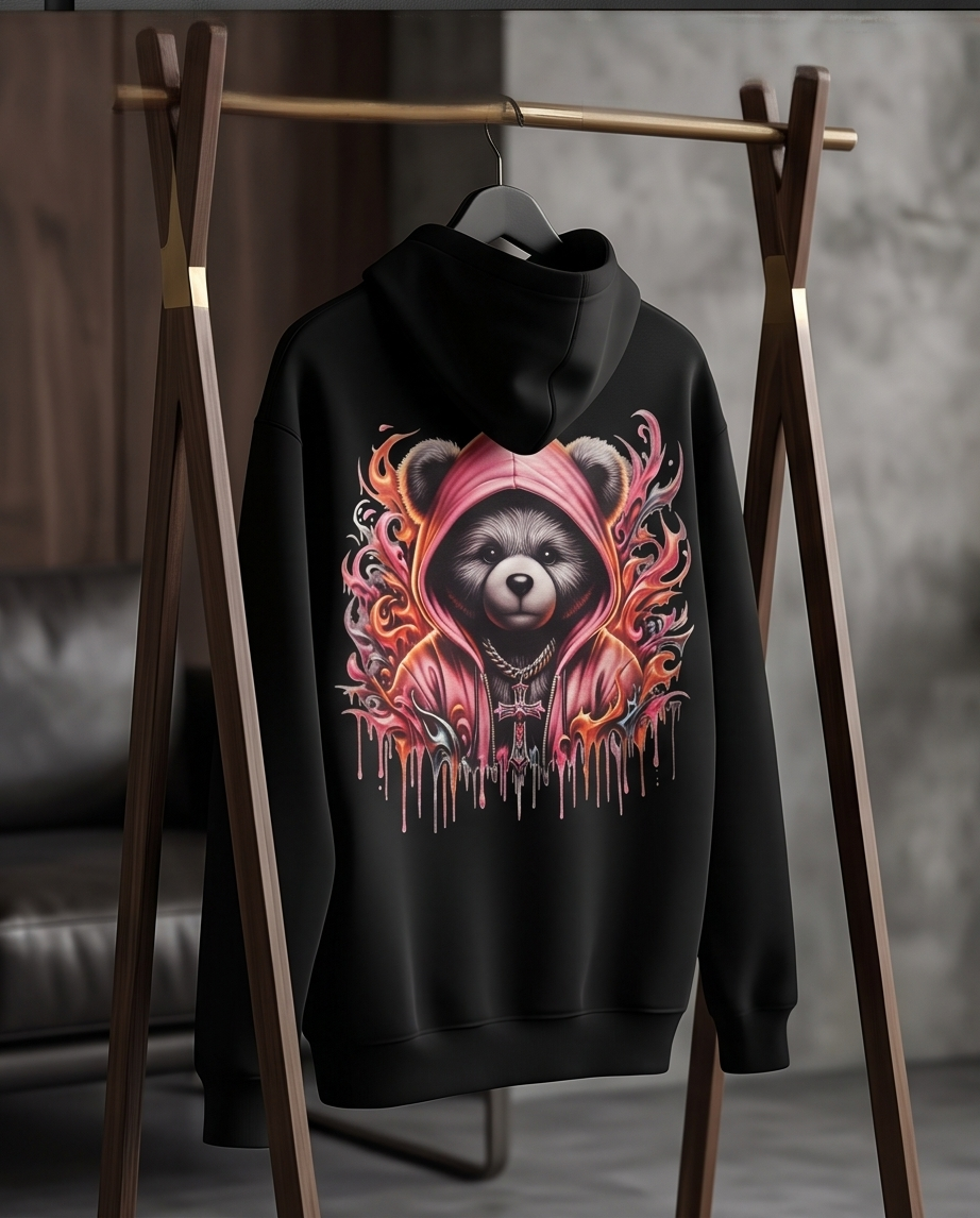 “Faith Over Fear Bear Hoodie – Vibrant Graphic Design”